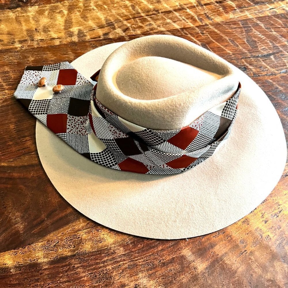 Wool Fedora With Boho Vintage Tie And Buttons
